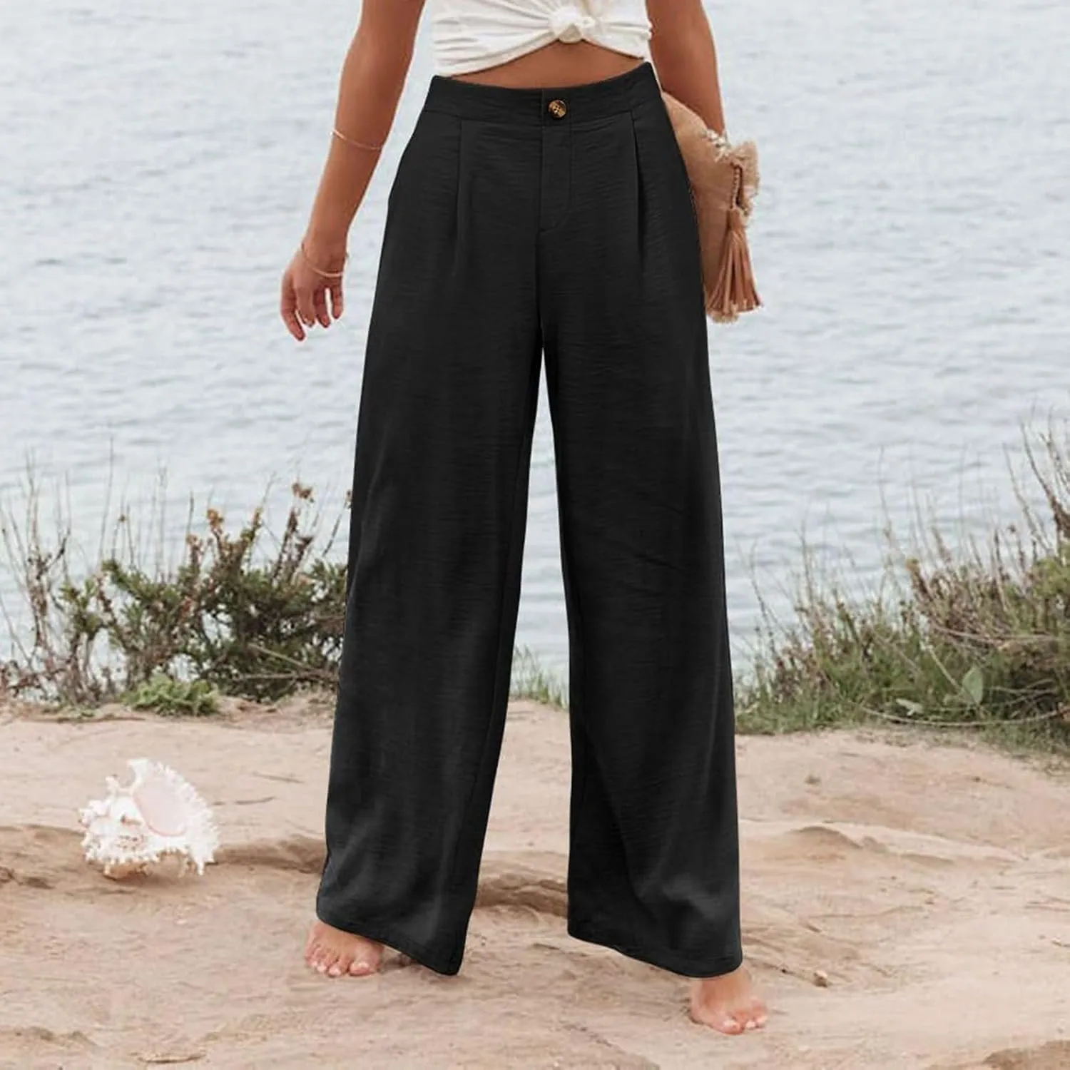 Womens Linen Pants Lounge Baggy Flowy Beach Pants Elastic High Waisted Pleated Wide Leg Trousers with Pockets