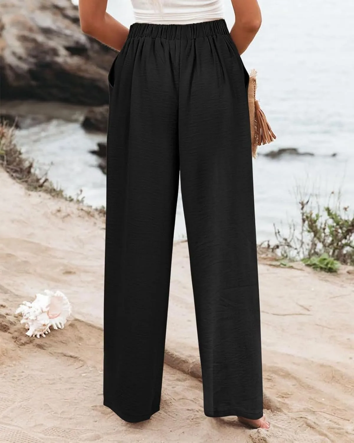 Womens Linen Pants Lounge Baggy Flowy Beach Pants Elastic High Waisted Pleated Wide Leg Trousers with Pockets
