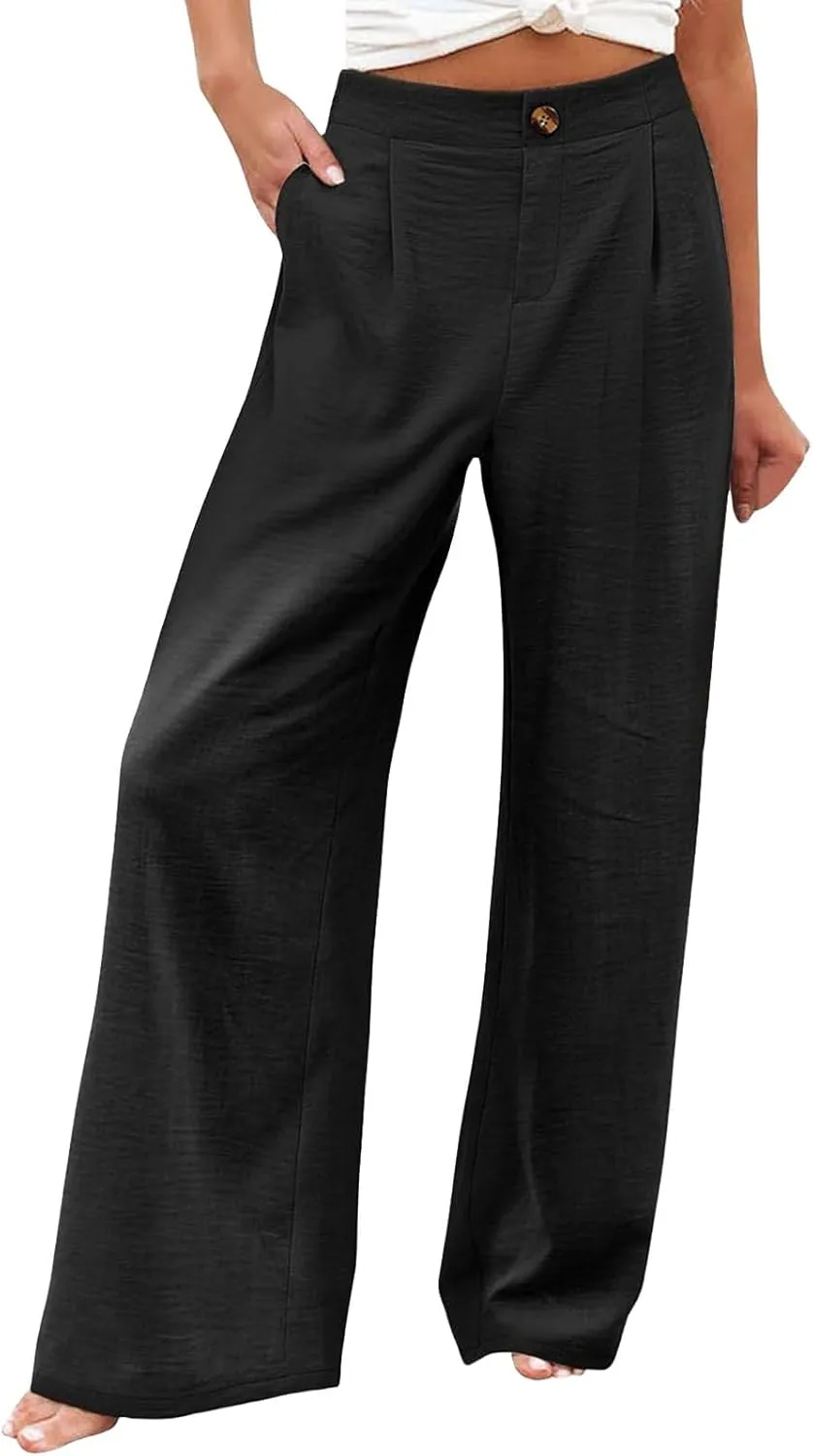 Womens Linen Pants Lounge Baggy Flowy Beach Pants Elastic High Waisted Pleated Wide Leg Trousers with Pockets