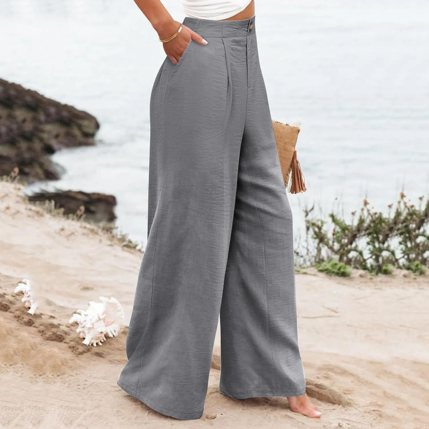 Womens Linen Pants Lounge Baggy Flowy Beach Pants Elastic High Waisted Pleated Wide Leg Trousers with Pockets