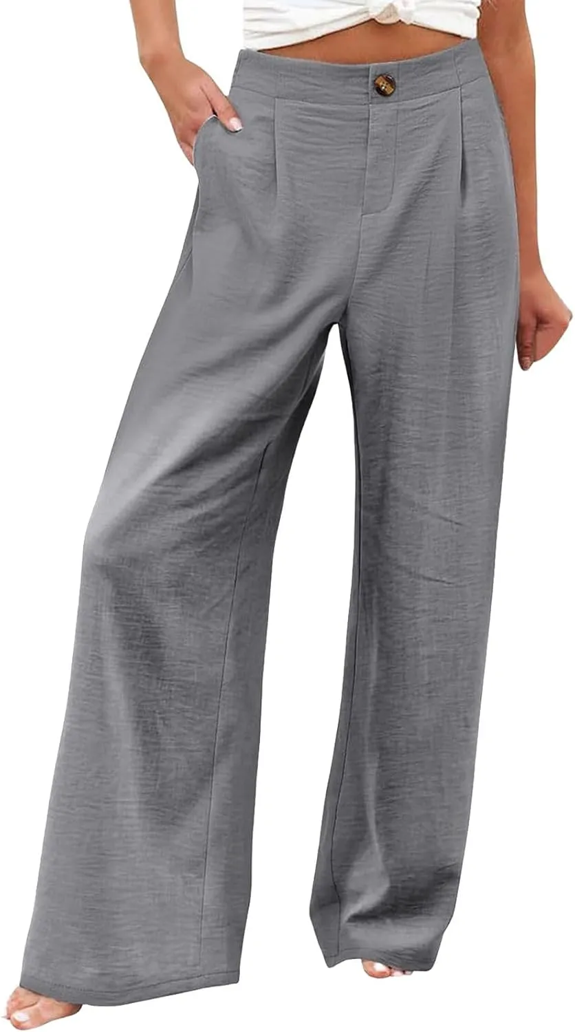 Womens Linen Pants Lounge Baggy Flowy Beach Pants Elastic High Waisted Pleated Wide Leg Trousers with Pockets