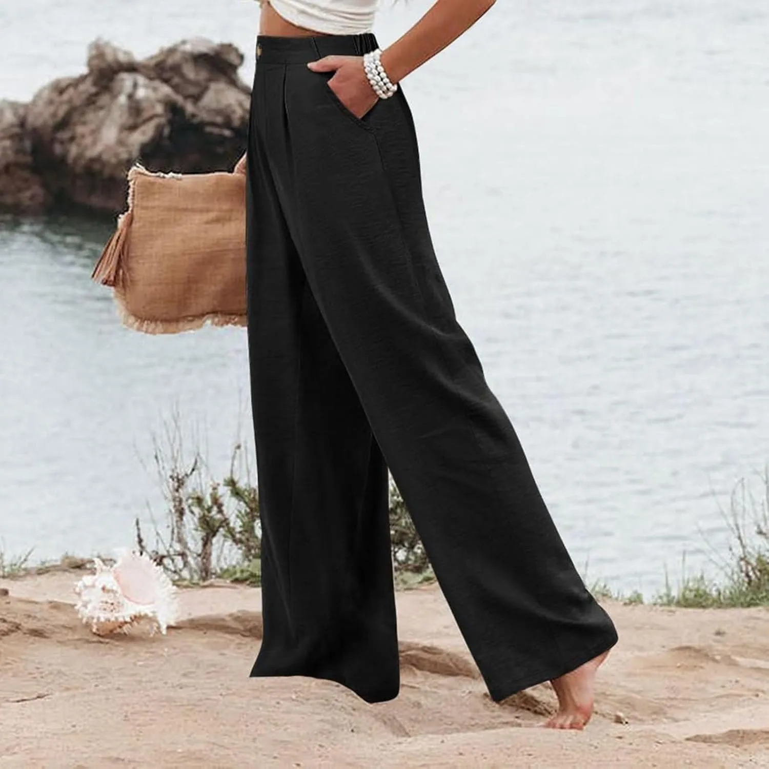 Womens Linen Pants Lounge Baggy Flowy Beach Pants Elastic High Waisted Pleated Wide Leg Trousers with Pockets