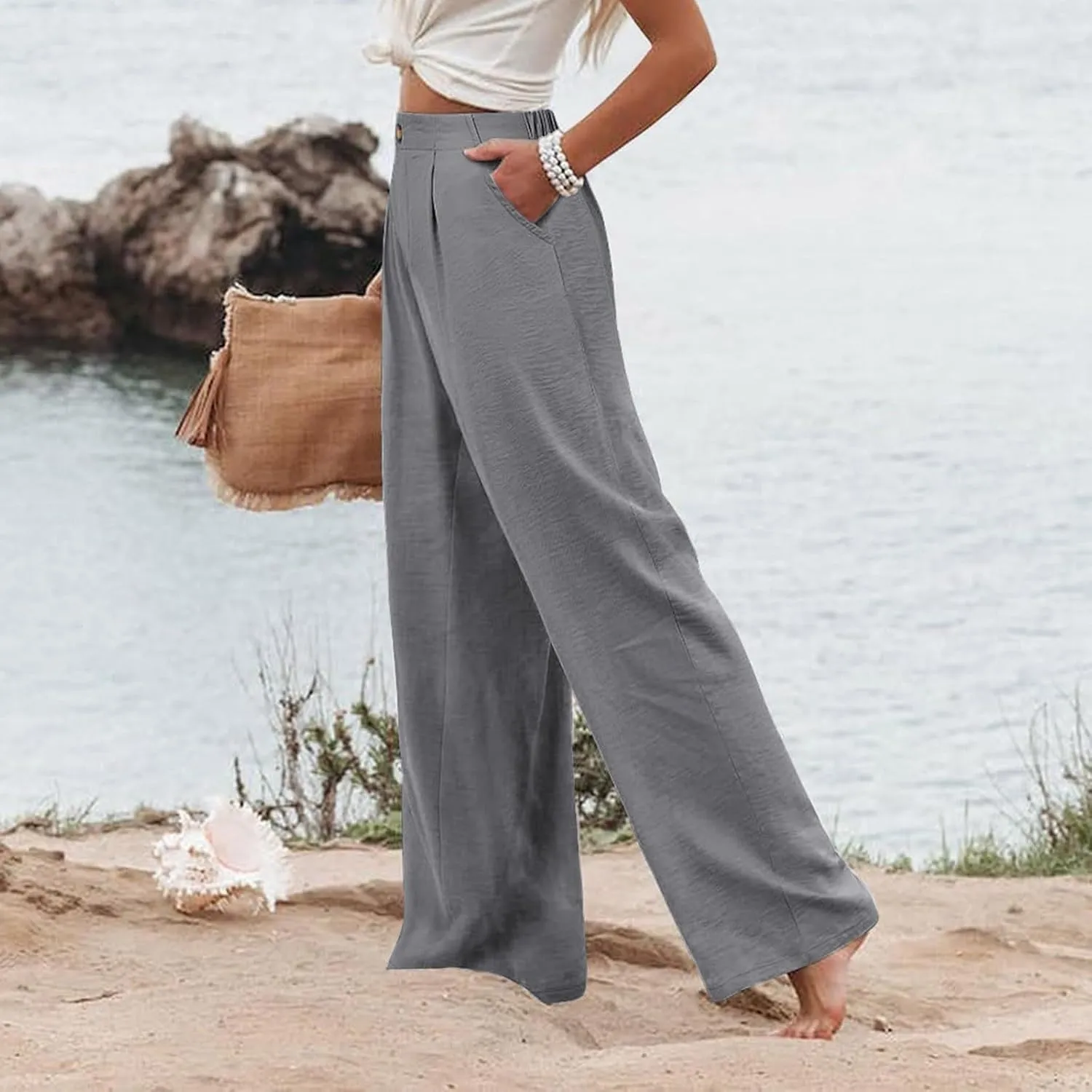 Womens Linen Pants Lounge Baggy Flowy Beach Pants Elastic High Waisted Pleated Wide Leg Trousers with Pockets