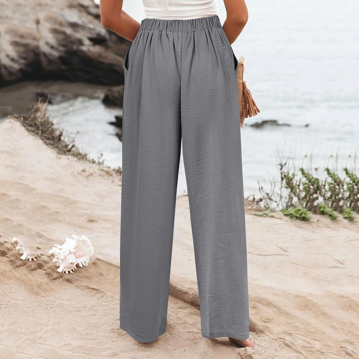 Womens Linen Pants Lounge Baggy Flowy Beach Pants Elastic High Waisted Pleated Wide Leg Trousers with Pockets