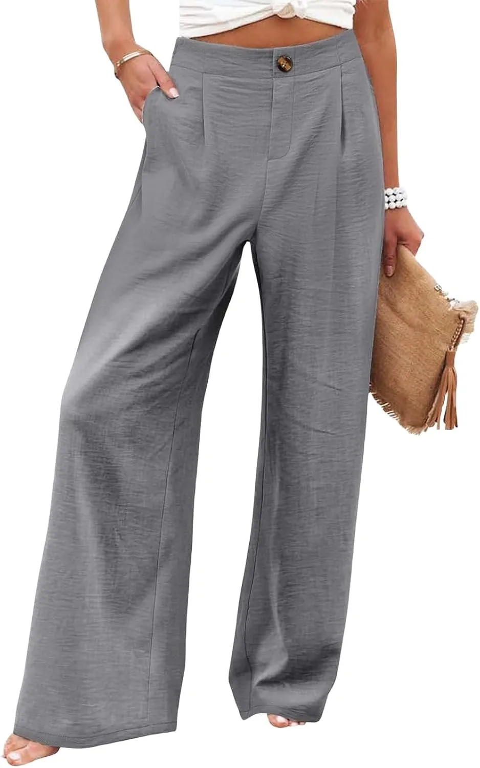 Womens Linen Pants Lounge Baggy Flowy Beach Pants Elastic High Waisted Pleated Wide Leg Trousers with Pockets