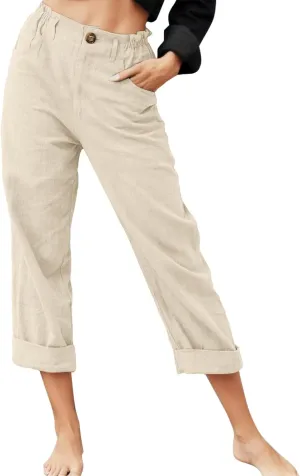 Womens Linen Pants Summer Casual Palazzo Straight Pants for Women Drawstring Botton Down Long Trousers Comfy Linen Pants, Medium, #B7-beige