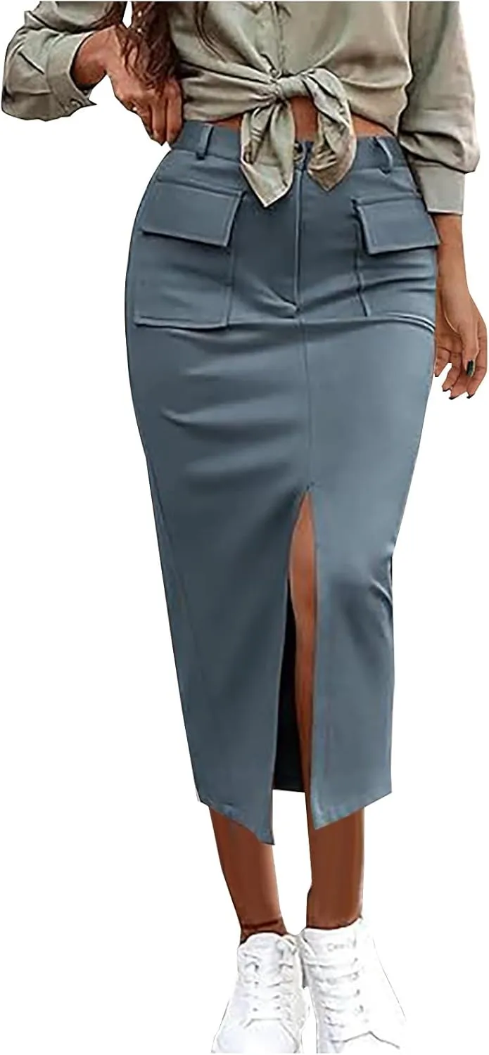 Women's Pencil Skirts Mid Long High Waist A line Midi Skirt Split Hem Skirts for Ladies Office Business Work Dress