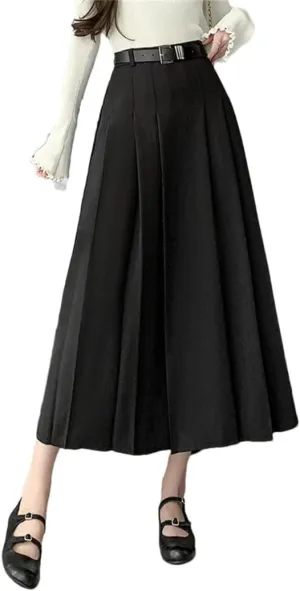 Women's Pleated Skirts Vintage Solid Color High Waist Casual Mid Length Women's A-Line Skirts Black M