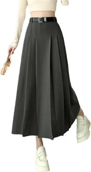 Women's Pleated Skirts Vintage Solid Color High Waist Casual Mid Length Women's A-Line Skirts Gray M