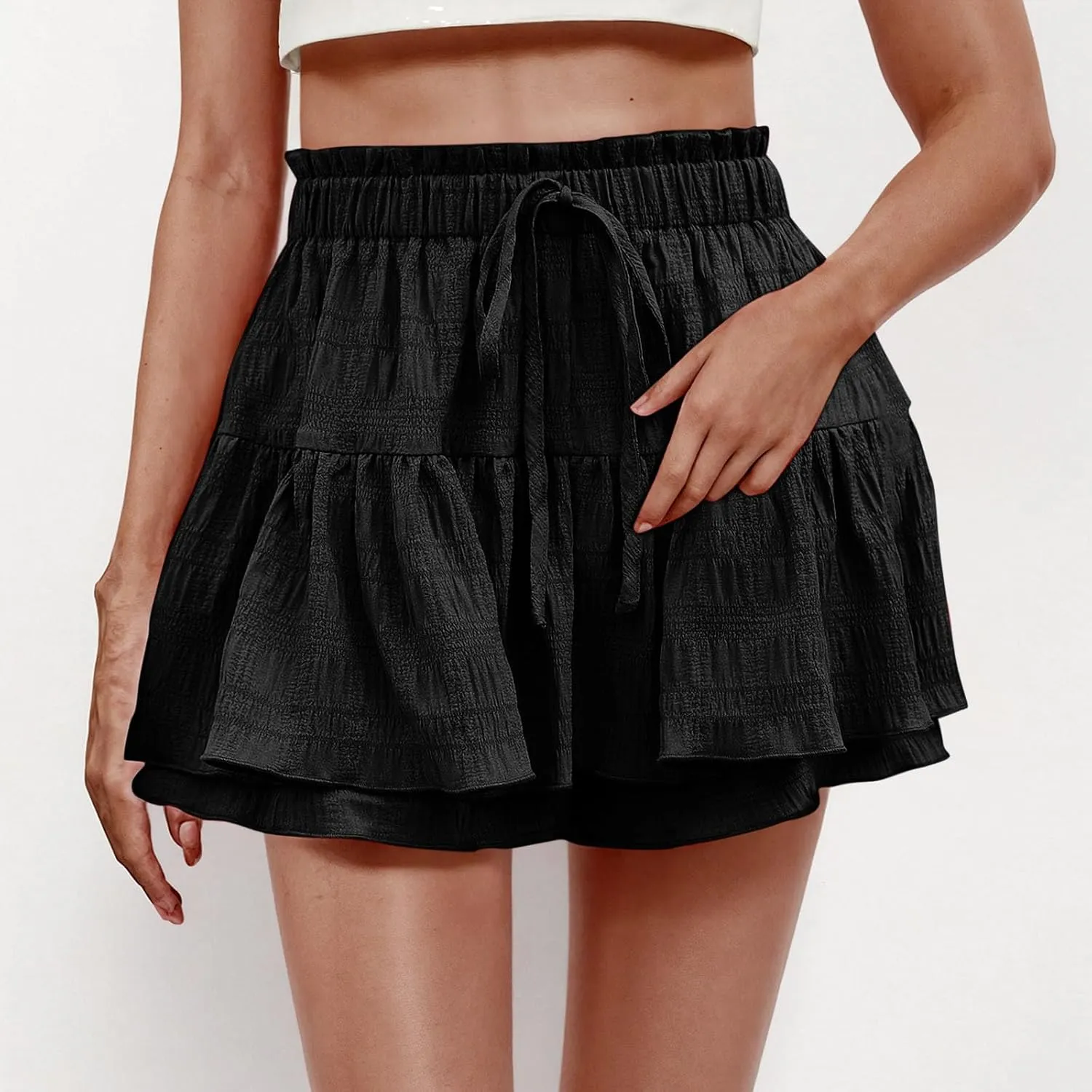 Women's Solid Color Ruffled Hem Drawstring Skirt Shorts Casual Boho Tiered Skorts Going Out High Waisted Skirts