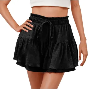 Women's Solid Color Ruffled Hem Drawstring Skirt Shorts Casual Boho Tiered Skorts Going Out High Waisted Skirts