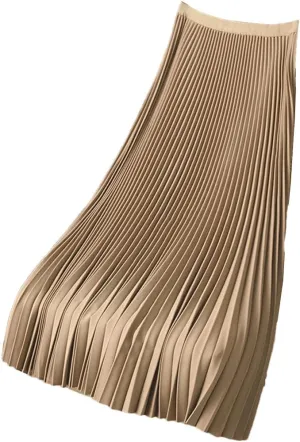 Women's Spring Solid A-Line Midi Skirt Elegant Elastic High Waist Long Pleated Skirt