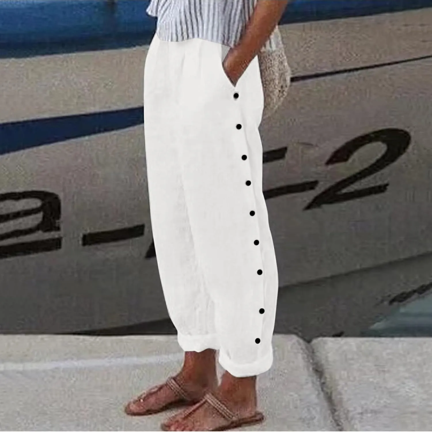 Womens Striped Pants Summer Lightweight Linen Pants Side Button Elastic Waist Straight Wide Leg Baggy Casual Trousers