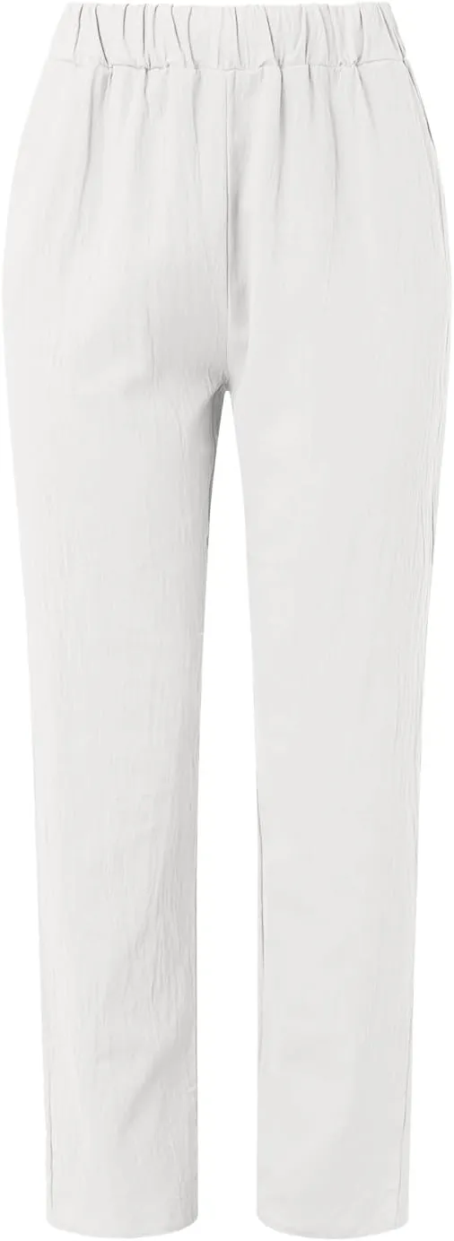 Womens Striped Pants Summer Lightweight Linen Pants Side Button Elastic Waist Straight Wide Leg Baggy Casual Trousers