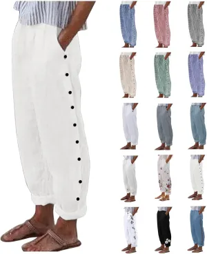 Womens Striped Pants Summer Lightweight Linen Pants Side Button Elastic Waist Straight Wide Leg Baggy Casual Trousers