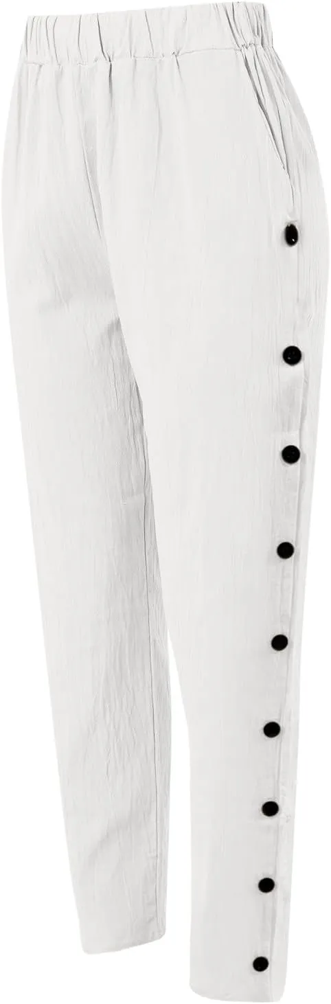 Womens Striped Pants Summer Lightweight Linen Pants Side Button Elastic Waist Straight Wide Leg Baggy Casual Trousers