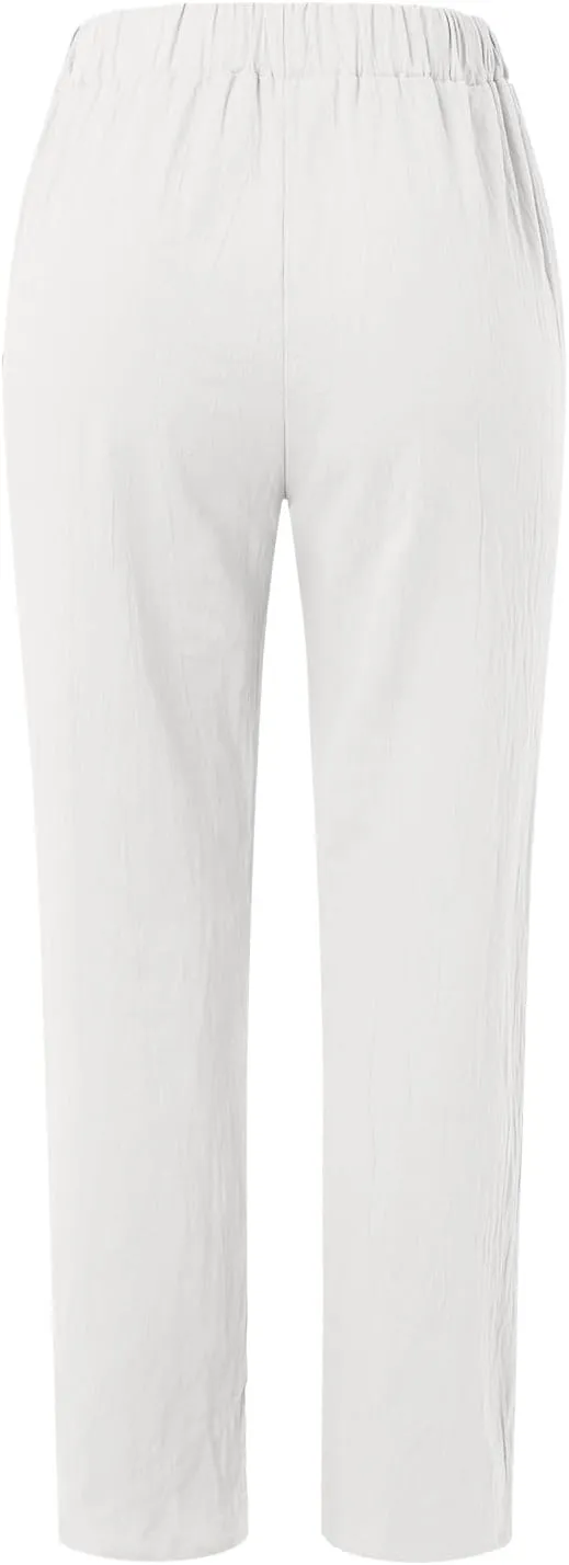 Womens Striped Pants Summer Lightweight Linen Pants Side Button Elastic Waist Straight Wide Leg Baggy Casual Trousers
