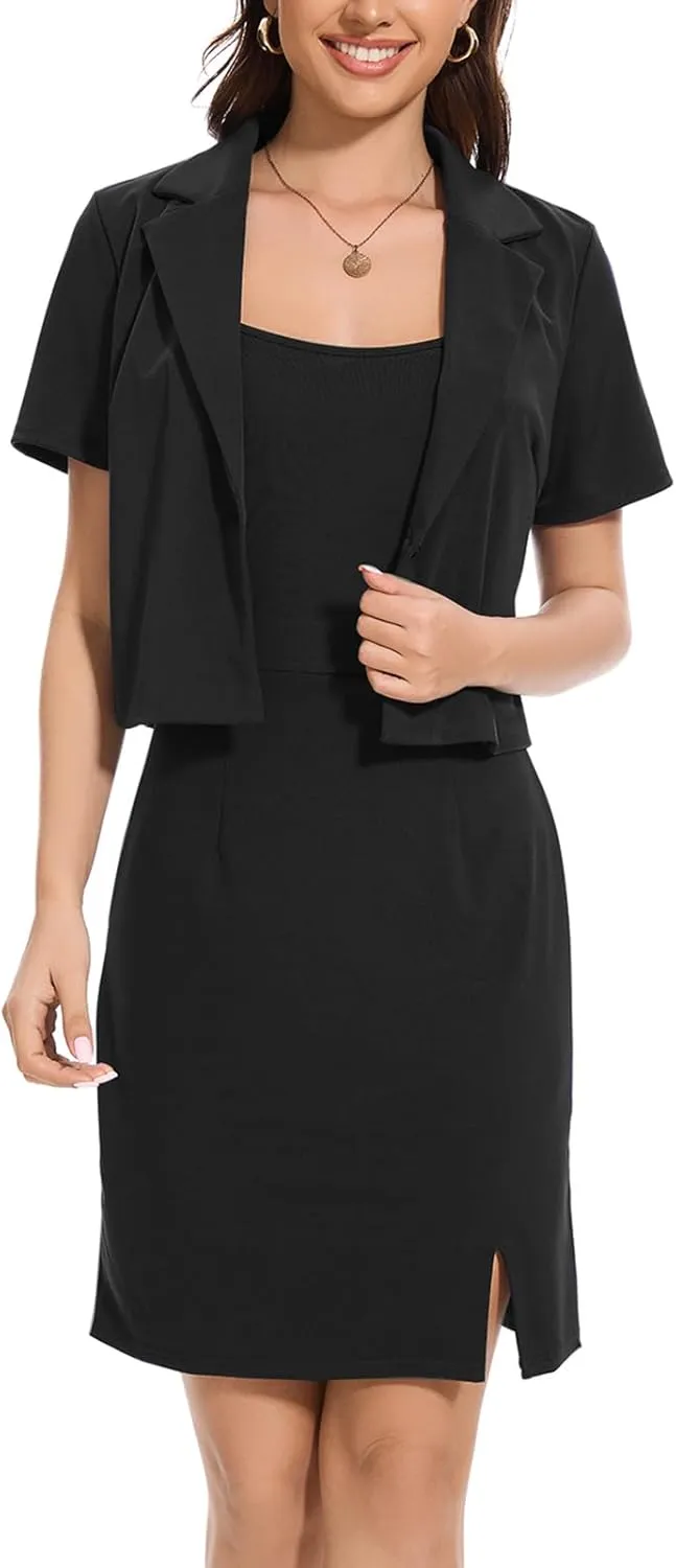 Women's Suits 2 Piece Dress Sets Business 2025 Work Office Retro Fashion Short Sleeve Jacket Mini Dress and Blazer Set