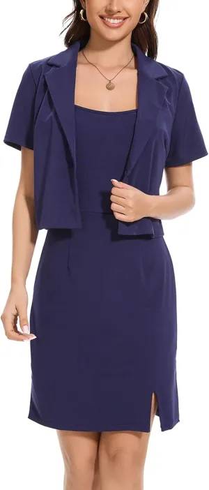 Women's Suits 2 Piece Dress Sets Business 2025 Work Office Retro Fashion Short Sleeve Jacket Mini Dress and Blazer Set