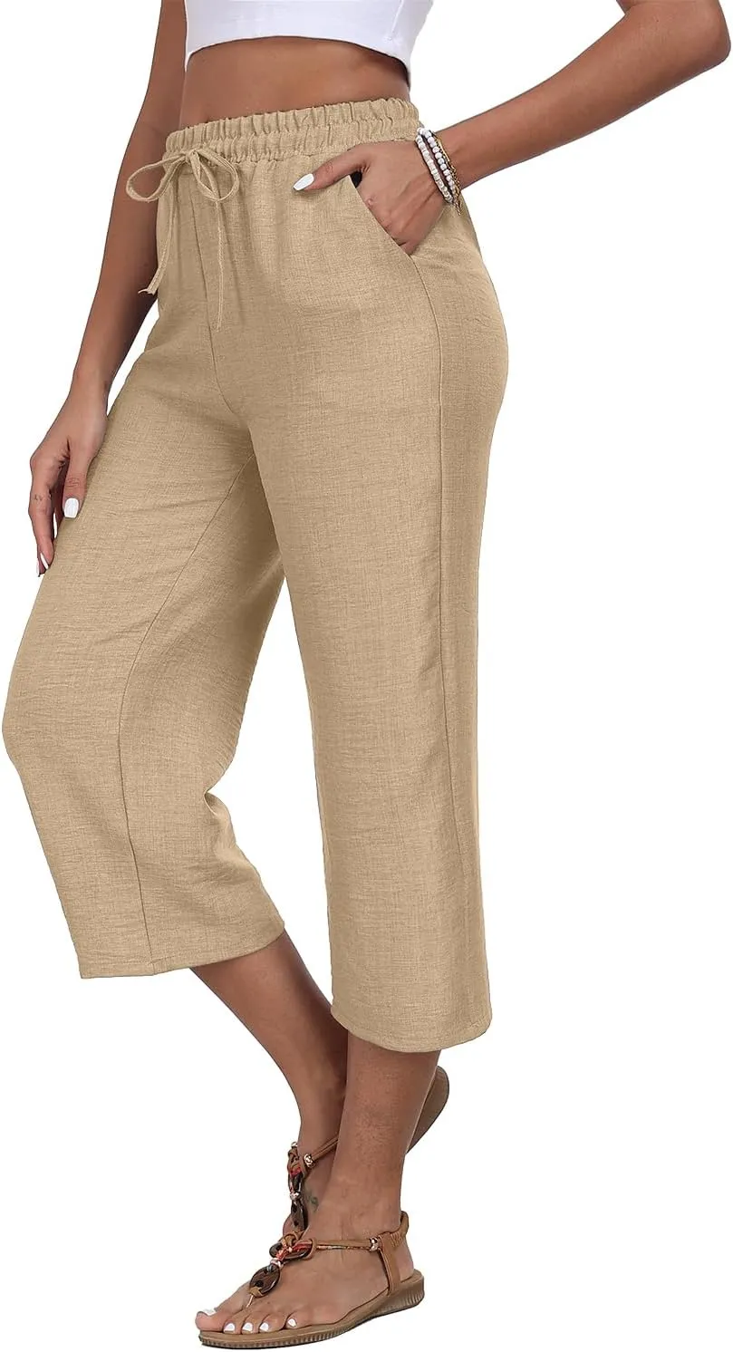 Womens Summer Capri Pants Wide Leg Elastic Waist Casual Business Pants Loose Work Lounge Trousers with Pockets