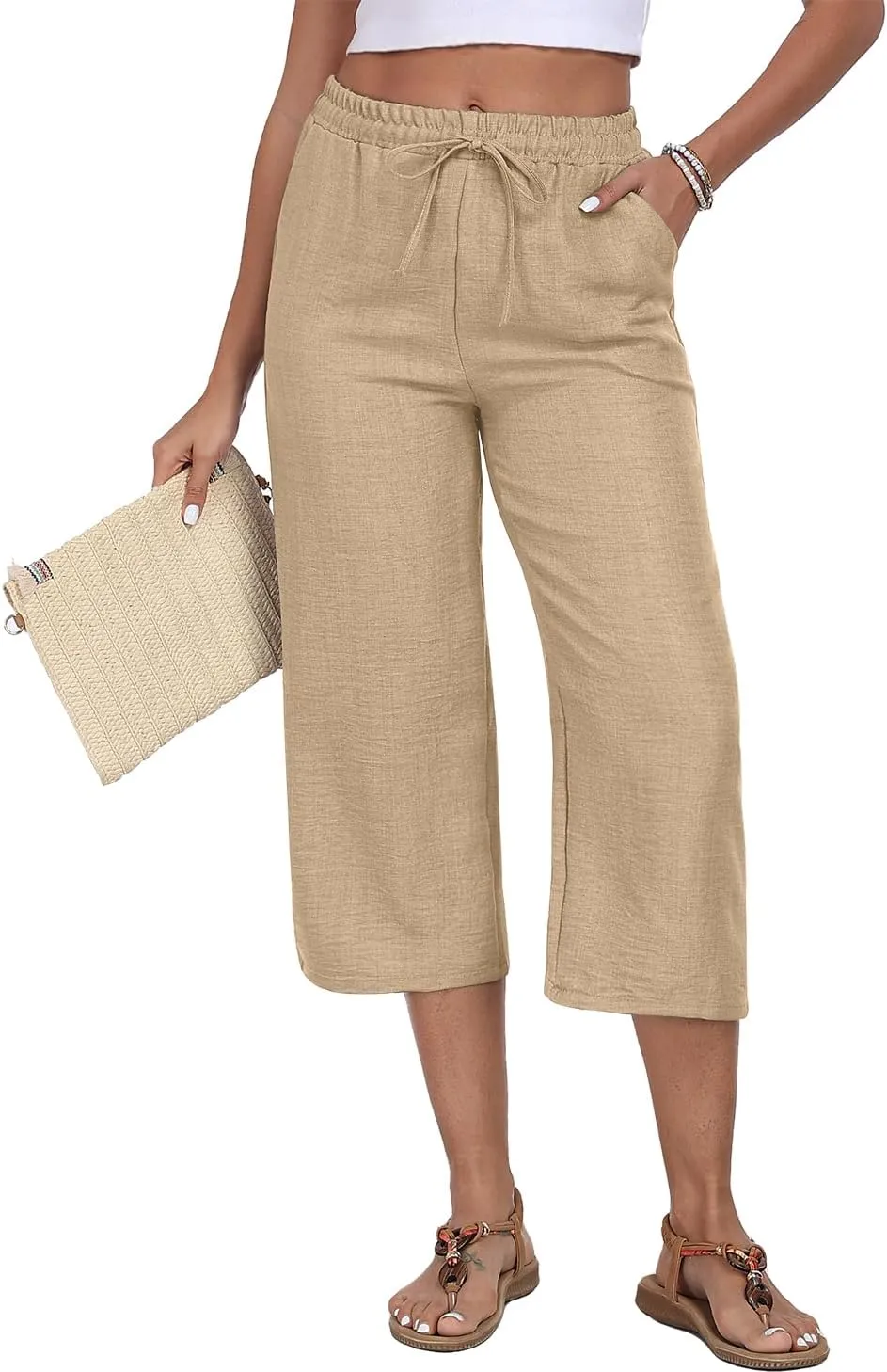 Womens Summer Capri Pants Wide Leg Elastic Waist Casual Business Pants Loose Work Lounge Trousers with Pockets