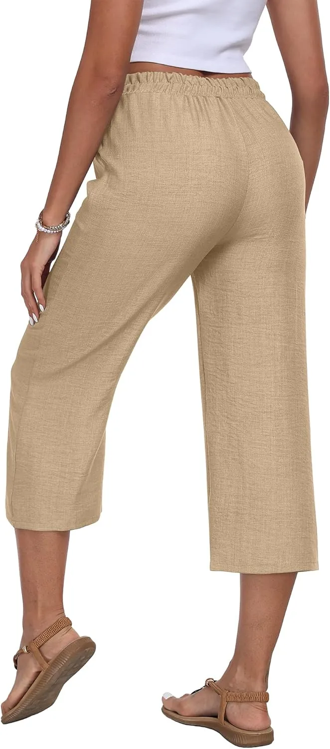 Womens Summer Capri Pants Wide Leg Elastic Waist Casual Business Pants Loose Work Lounge Trousers with Pockets