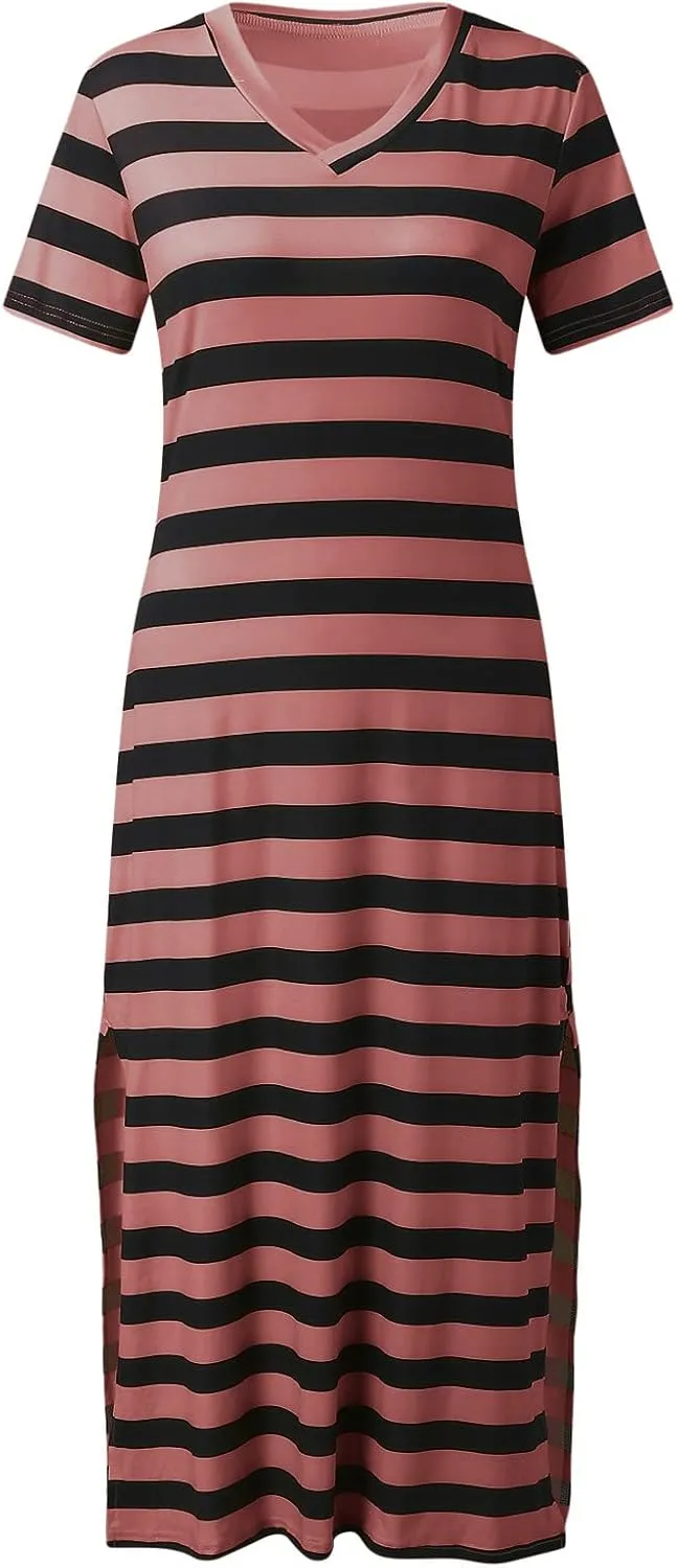 Womens Summer Stripe Maxi Dress Short Sleeve V Neck Casual Loose Long Beach Split Dresses Midi Dress Slit