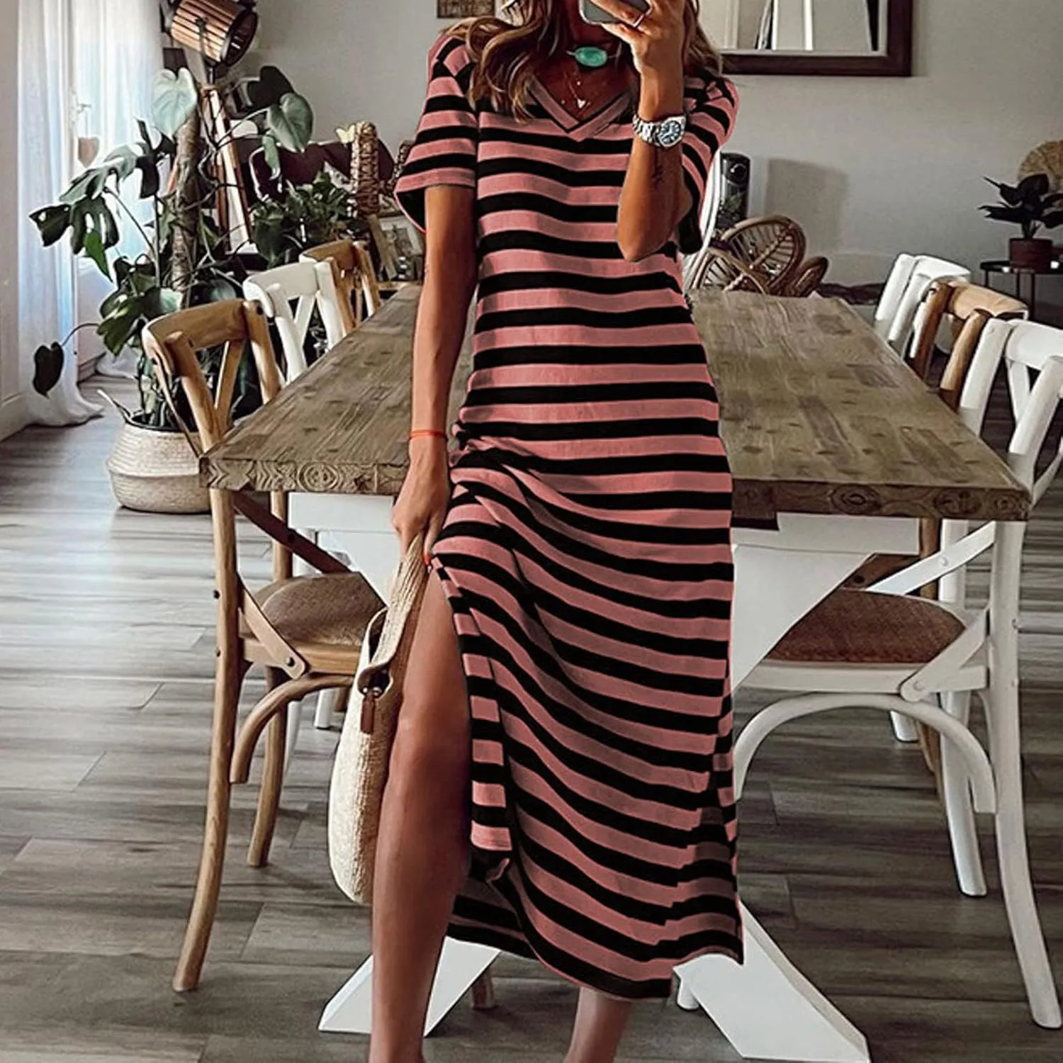 Womens Summer Stripe Maxi Dress Short Sleeve V Neck Casual Loose Long Beach Split Dresses Midi Dress Slit
