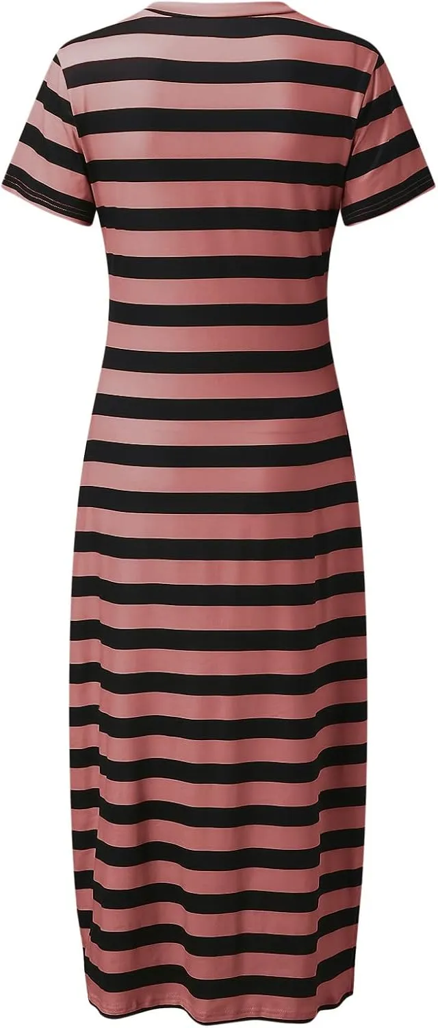 Womens Summer Stripe Maxi Dress Short Sleeve V Neck Casual Loose Long Beach Split Dresses Midi Dress Slit