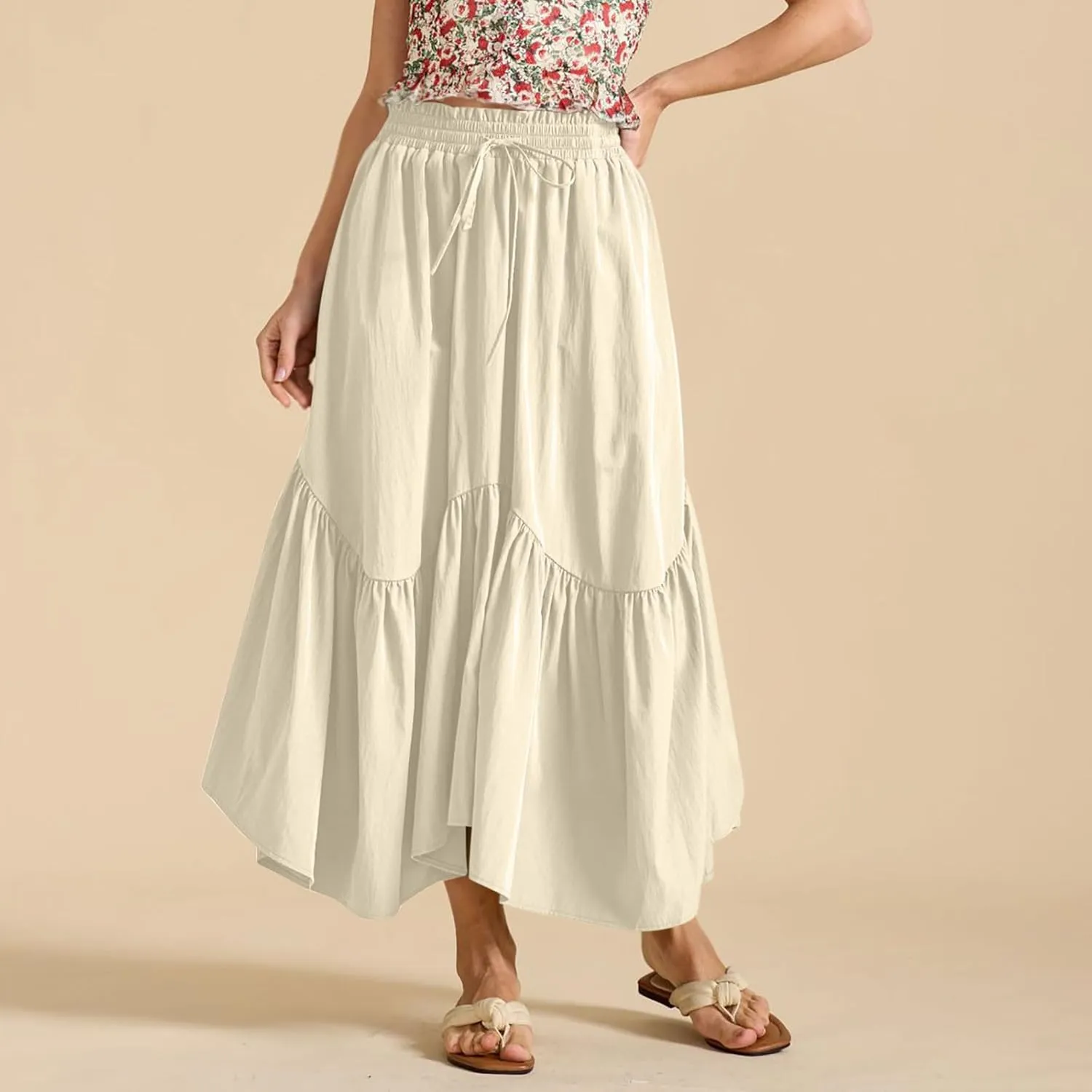 Womens Summer Vacation Beach Maxi Skirts Elastic High Waist Tiered Skirt A Line Ruffle Swing Long Dress