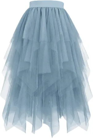 Women's Tulle Skirts High Waisted Puffy Layered Midi Tutu Skirt Ruffle Tiered Fashion Fairy Party Clothes