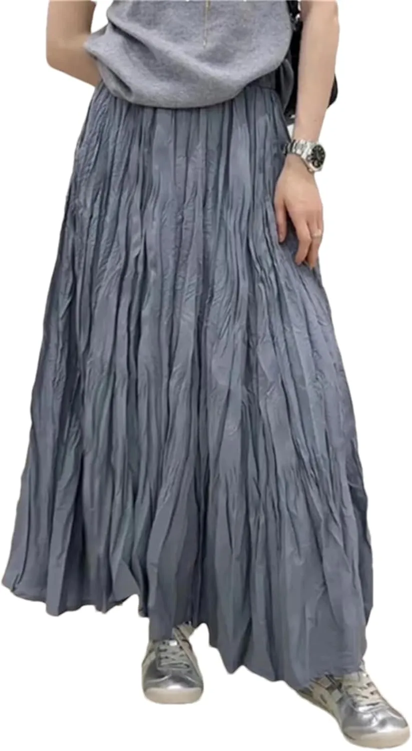 Women's Vintage Solid Pleated Long Skirts Summer High Waist Casual Loose Straight A-Line Skirt