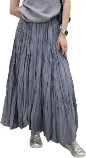 Women's Vintage Solid Pleated Long Skirts Summer High Waist Casual Loose Straight A-Line Skirt