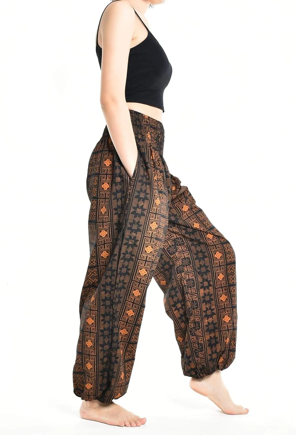Womens Warm Winter Cotton Harem Hippie Pants Baggy Boho Smocked Waist with Pocket Lounge Trousers for Yoga