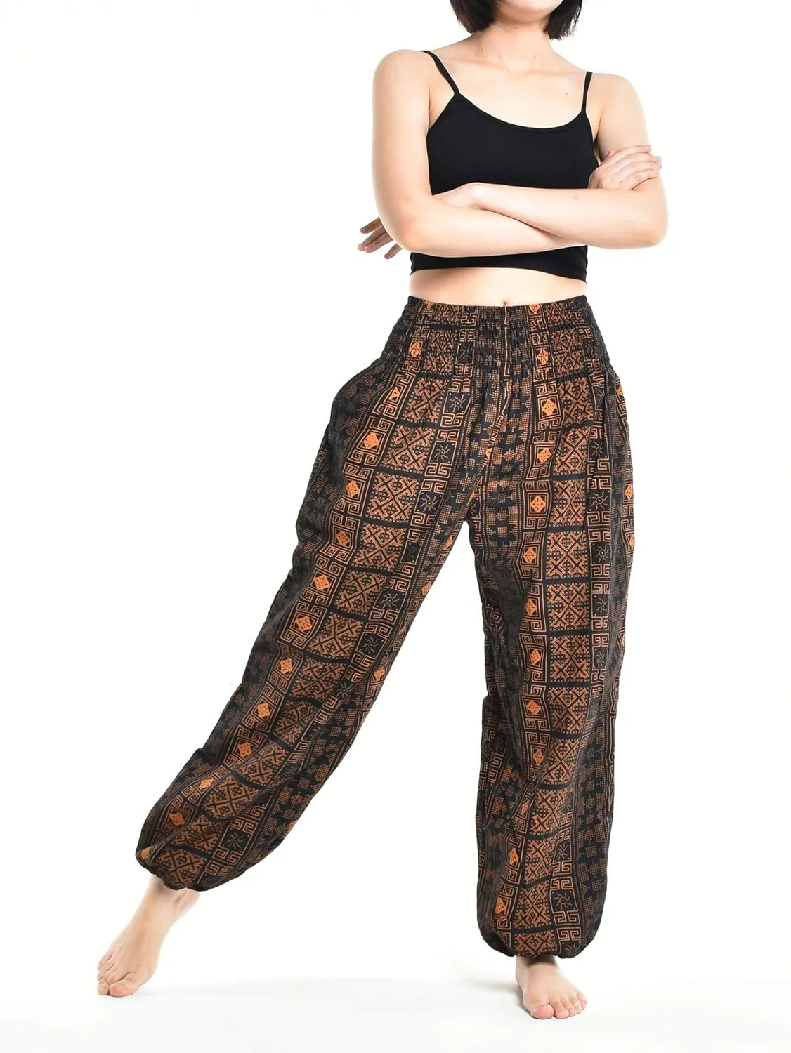 Womens Warm Winter Cotton Harem Hippie Pants Baggy Boho Smocked Waist with Pocket Lounge Trousers for Yoga