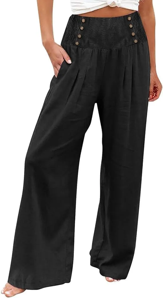 Women's Wide-Leg Cotton and Linen Loose Trousers Summer Boho Palazzo Pants Daily Casual Lounge Beach Travel Pant