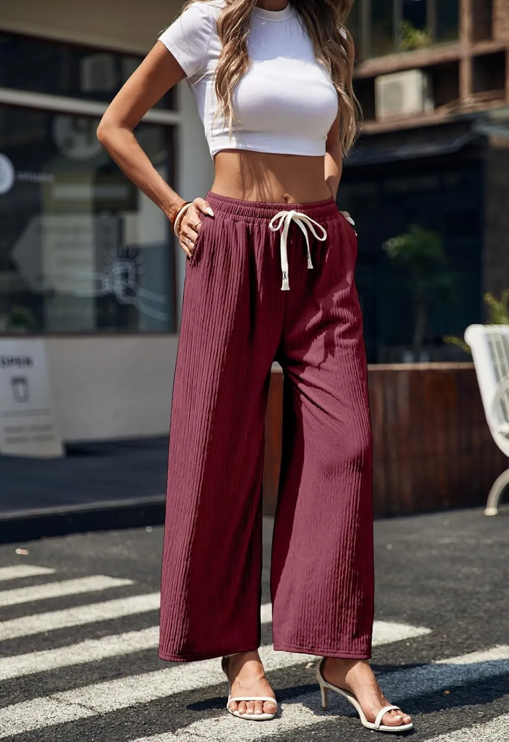 Womens Wide Leg Elastic Waisted Pants Palazzo Trousers Adjustable Drawstring Casual Long Pleated Pants with Pockets