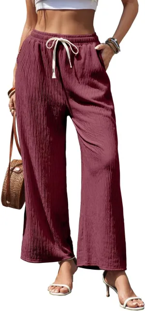 Womens Wide Leg Elastic Waisted Pants Palazzo Trousers Adjustable Drawstring Casual Long Pleated Pants with Pockets