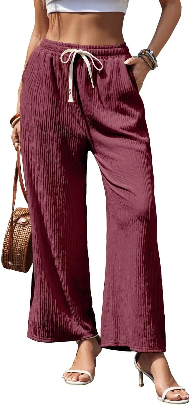 Womens Wide Leg Elastic Waisted Pants Palazzo Trousers Adjustable Drawstring Casual Long Pleated Pants with Pockets