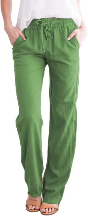 Womens Y2k Summer Casual Linen Trousers Elastic Waist Pants Wide-Leg Straight Leg Loose Comfy Sweatpants