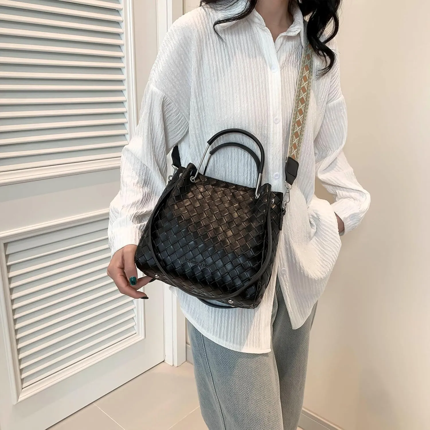 Woven Purses for Women, Trendy Leather Tote Bag Woven Crossbody Bag Shoulder Hnadbags