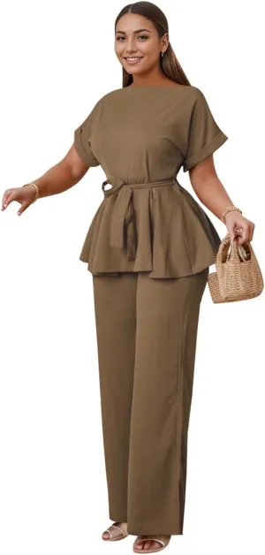 WUSENST Women's 2 Piece Outfits Suit Set Round Neck Short Sleeve Top Long Pants Church Office Business Work Wear