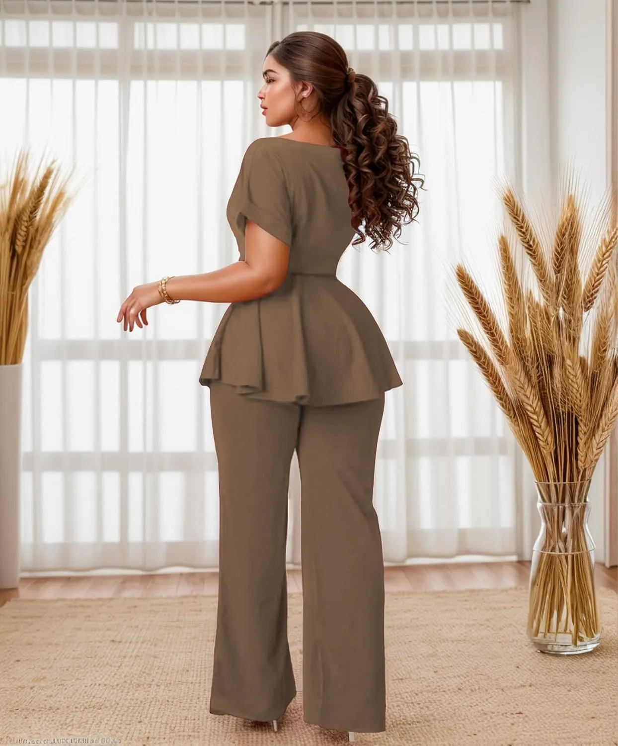 WUSENST Women's 2 Piece Outfits Suit Set Round Neck Short Sleeve Top Long Pants Church Office Business Work Wear