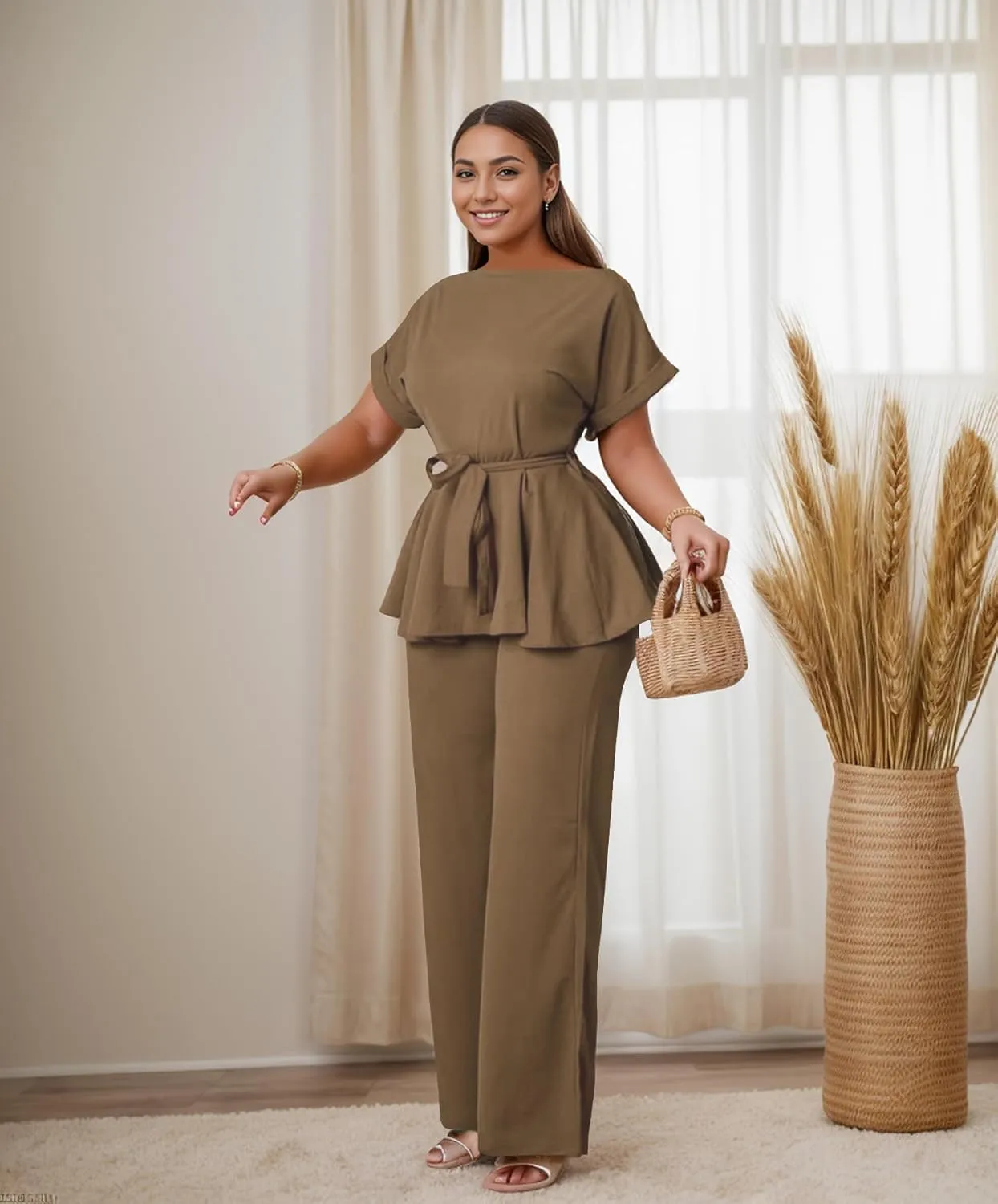 WUSENST Women's 2 Piece Outfits Suit Set Round Neck Short Sleeve Top Long Pants Church Office Business Work Wear