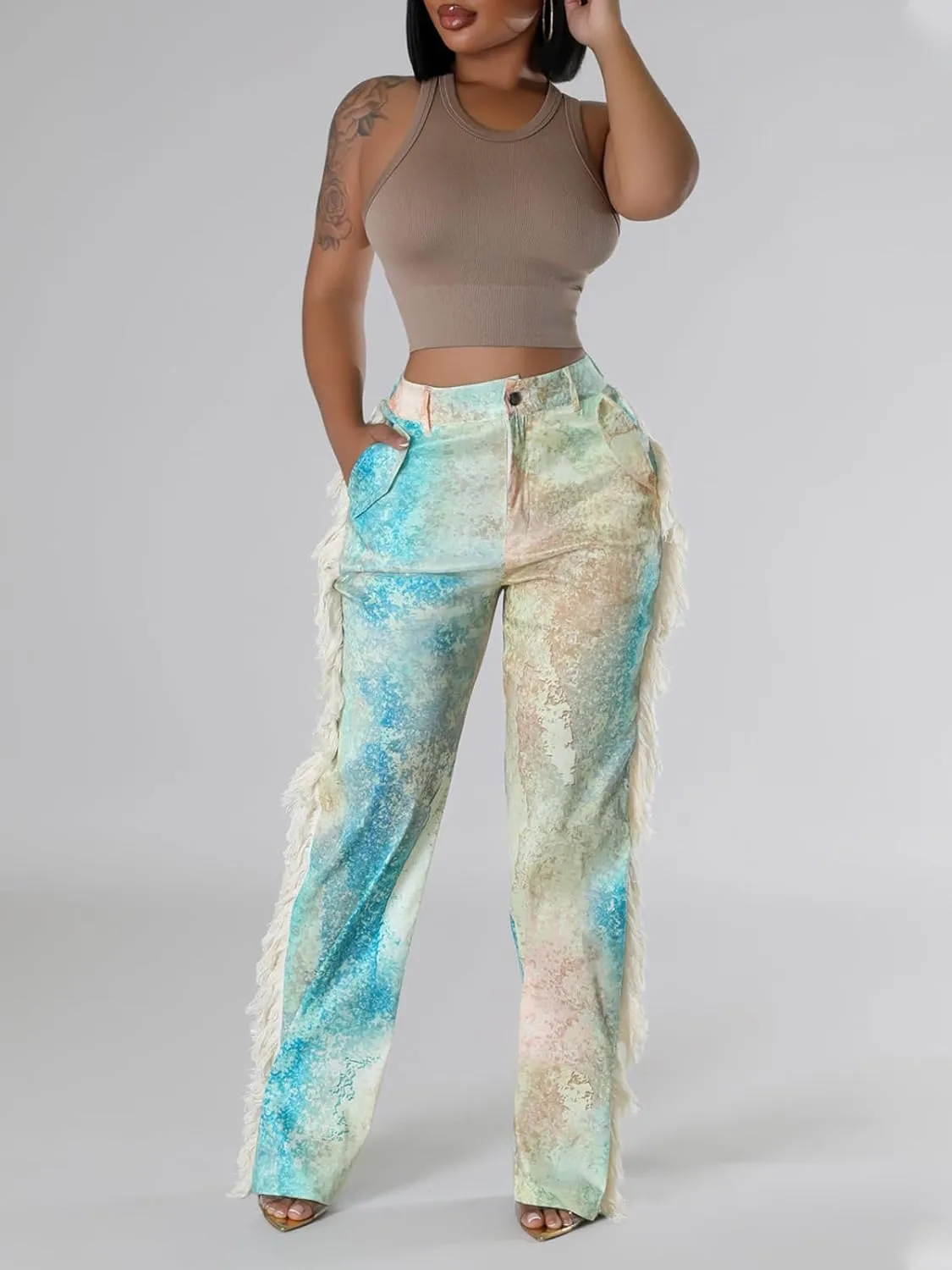 XZLUFNY Fringe Pants for Women Autumn High Waisted Side Tassel Straight Leg Trousers