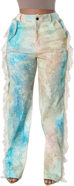 XZLUFNY Fringe Pants for Women Autumn High Waisted Side Tassel Straight Leg Trousers
