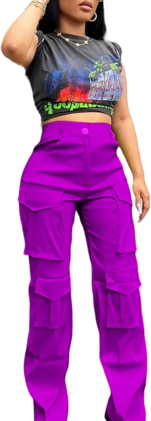 XZLUFNY Satin Cargo Pants for Women Silk Pants Wide Leg Casual Pants Multi Pockets Loose Fit Straight Trousers (B-Purple,M)