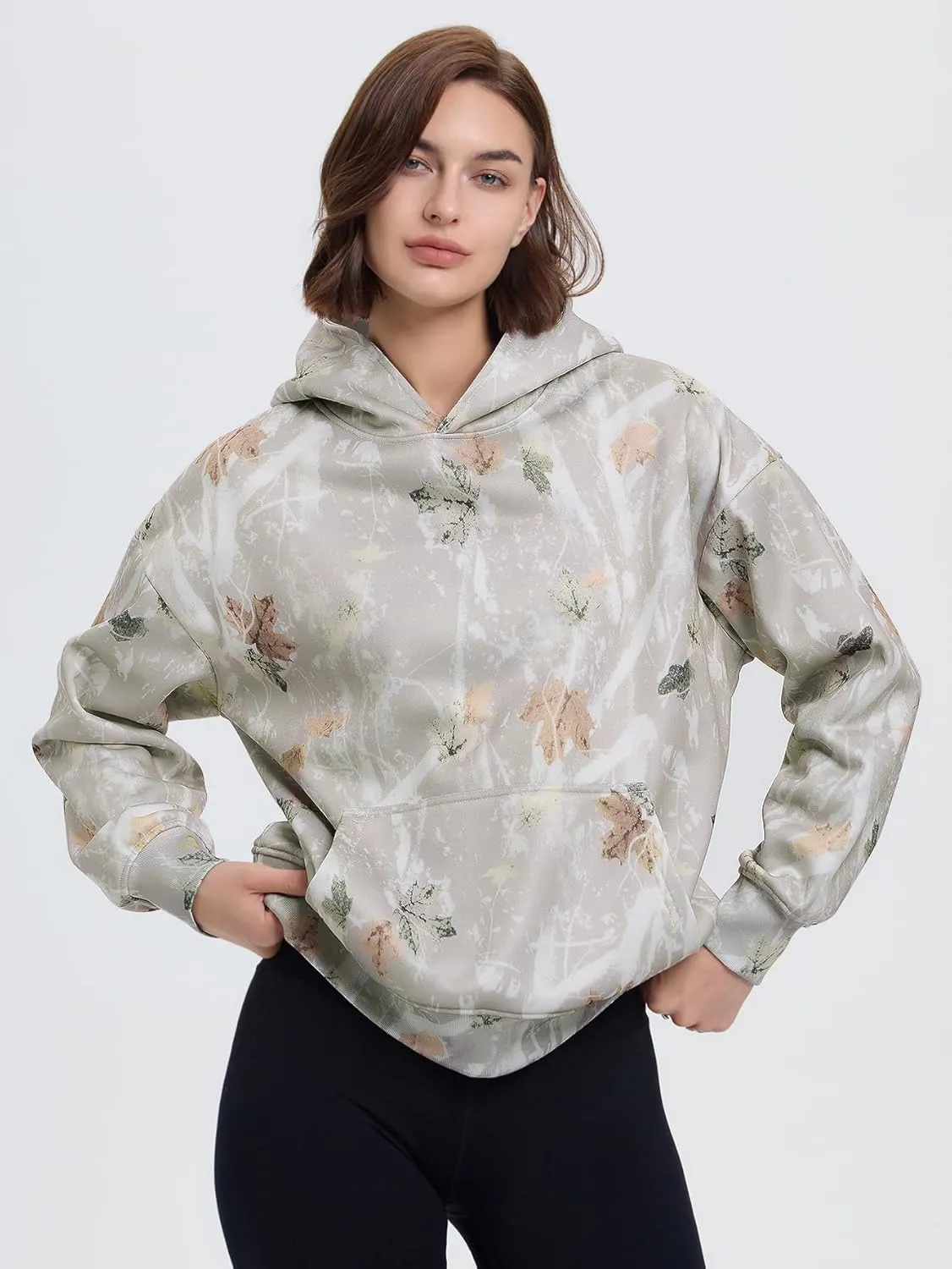 YKR Womens Camo Hoodie Oversized Maple Leaf Print Fleece Hooded Pullover Sweatshirt with Pocket