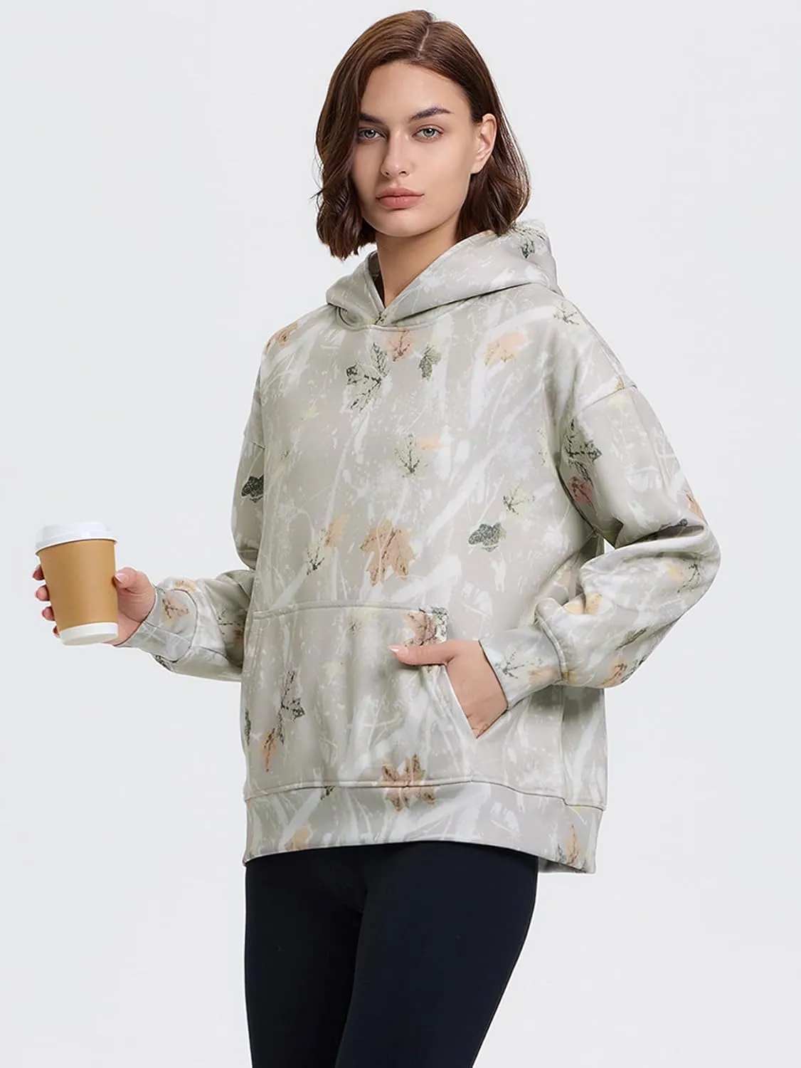 YKR Womens Camo Hoodie Oversized Maple Leaf Print Fleece Hooded Pullover Sweatshirt with Pocket