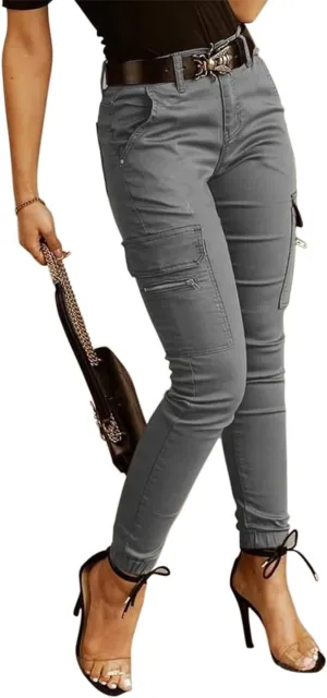 yoeasy Women Solid Color Slim Fit Cargo Pants Casaul Pocket High Waist Cargo Trouser